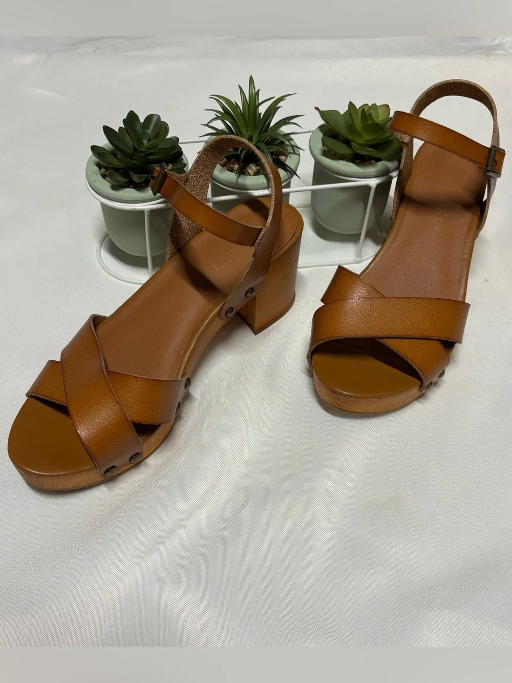 Altar’d State Cognac Leather Block Heel Sandals